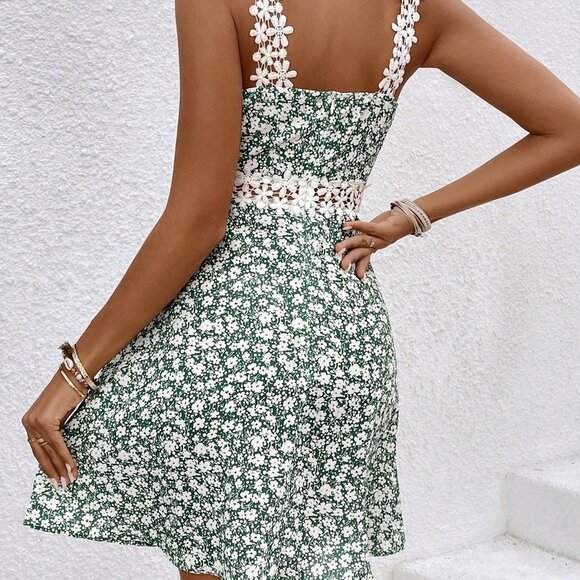 Green Boho Women's Sleeveless Floral Print Lace Splice Dress - Picture 5 of 6